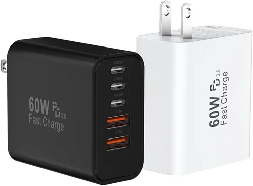 Bloque de cargador de pared rápido USB C, paquete de 2 cubos de carga USBC de 60 W, adaptador de corriente PD+QC de 5 puertos ladrillo multipuerto