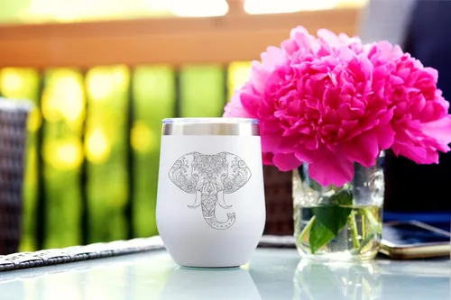 Miniatura 5 de CM - Vaso de vino con doble aislamiento y tapa de 12 onzas, copa de vino sin tallo grabada con elefante de acero inoxidable con recubrimiento