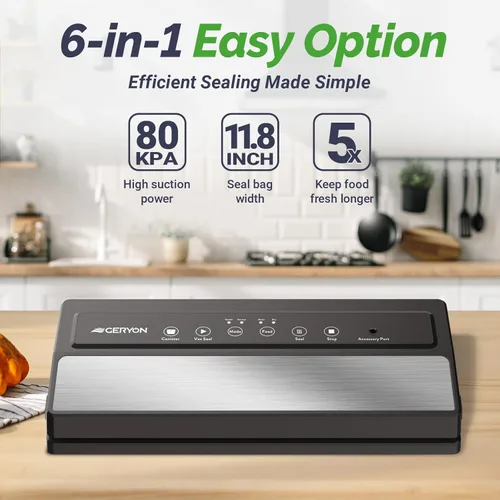 Miniatura 4 de GERYON Sellador al vacío, máquina selladora al vacío para almacenamiento de alimentos con bolsas selladoras y rollo, sellador automático de 1