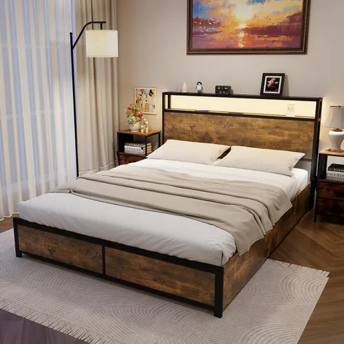 Miniatura 8 de Giantex Base de cama Queen con cabecero de luces LED y 4 cajones de almacenamiento, plataforma de metal con enchufes y puertos USB, estación