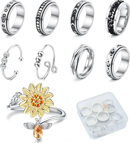 Sanfenly Juego de 9 anillos antiestrés para la ansiedad para mujeres y hombres cadena fría de acero inoxidable con incrustaciones de luna sol