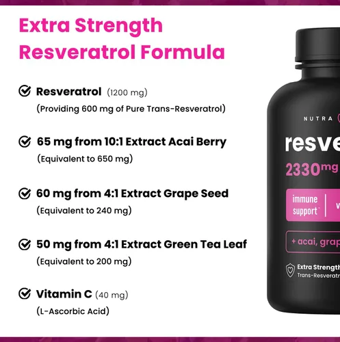 Miniatura 7 de Suplemento de resveratrol Fórmula extra fuerte de 1400 mg para un envejecimiento saludable, apoyo inmunológico y salud cardíaca 60 cápsulas