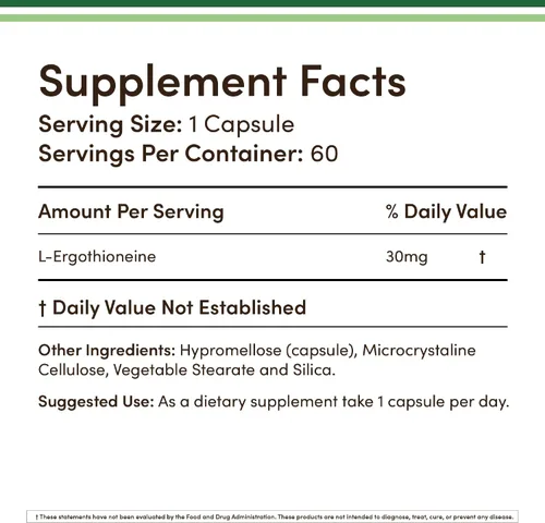 Miniatura 2 de Suplemento de ergotioneína (EGT) 30 mg de L-ergotioneína pura a base de plantas por cápsula, 60