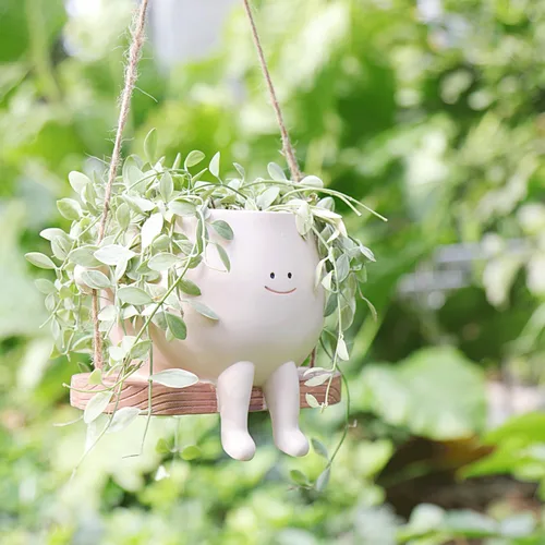 Miniatura 4 de Maceta grande con cara sonriente oscilante, macetas colgantes para plantas de interior y exterior, divertidas macetas para suculentas para cadena