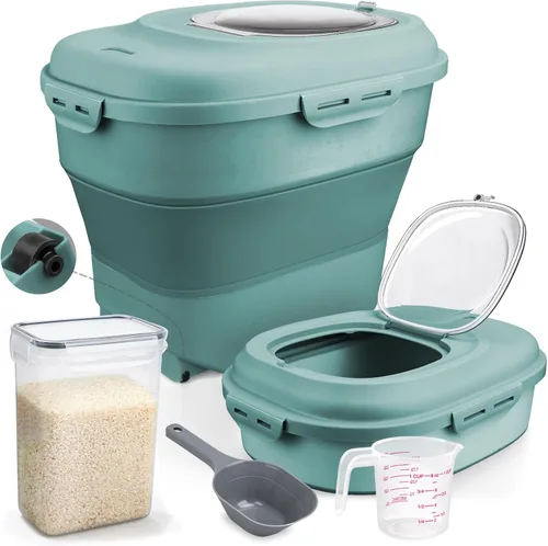 Komzon Contenedor de cereales para arroz, dispensador de arroz plegable de 13 a 50 libras con tapa transparente, ruedas rodantes, taza medidora y