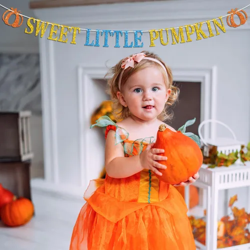 Miniatura 5 de Cartel de calabaza con texto en inglés "Sweet Little Pumpk", con temática de otoño, para baby shower, cumpleaños, Acción de Gracias, suministros