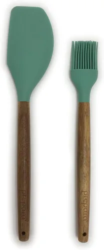 Miniatura 7 de Prepara Juego de 2 cucharones de sopa y cuchara ranurada de acacia y silicona, color verde espuma de mar