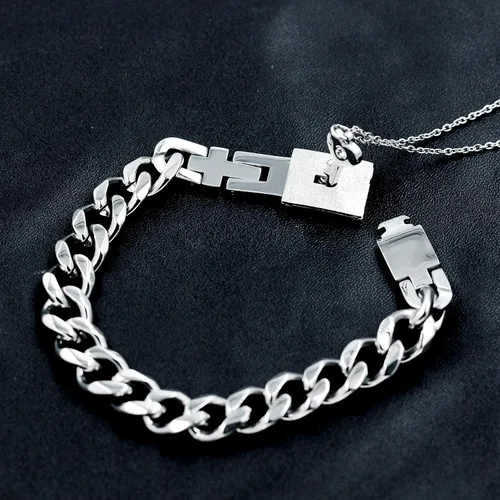 Miniatura 6 de Uloveido Juego de collar con colgante de llave de acero de titanio y pulsera cuadrada para parejas, regalos de valetines, Metal, circonita cúbica
