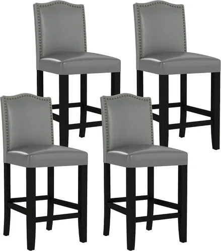 Miniatura 15 de LSSPAID Juego de 2 taburetes de bar, de 28.5 pulgadas, modernos tapizados de tela, taburetes de bar con respaldo de cabeza de clavo y patas de Beige