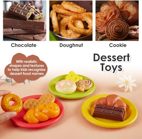 Miniatura 4 de Buyger Accesorios de Cocina de Juguete, Platos de Juguete y Utensilios Juego de Fiesta de Té Juguetes de Comida y Postres Regalos para Edades 3 4 5+