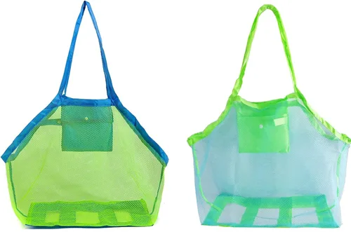 JOYFISCO Bolsa de playa de malla, paquete de 2 juguetes de arena grandes, almacenamiento de conchas de mar, juguetes de playa, bolsa de mano