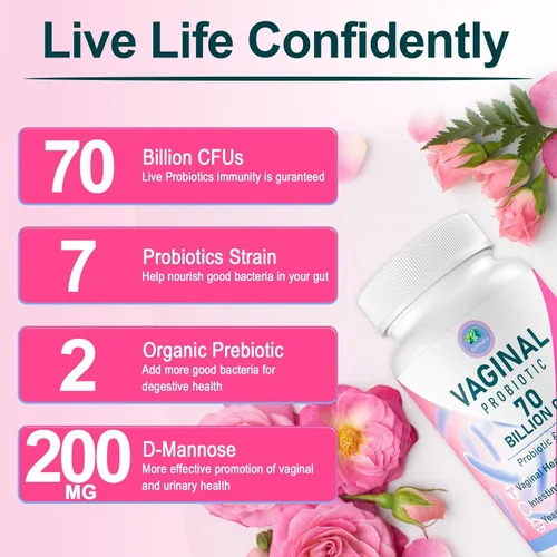 Miniatura 6 de Probióticos vaginales, equilibrio de pH para mujeres, 70 mil millones de UFC probióticos para mujer para salud vaginal, urinario, control de olores