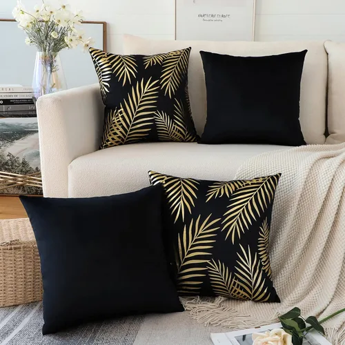OTOSTAR Paquete de 4 fundas de almohada de terciopelo suave con hojas doradas, fundas de almohada decorativas modernas, fundas de almohada B-black