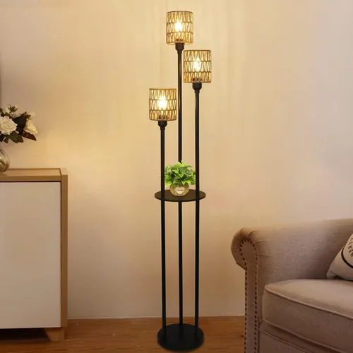 Miniatura 3 de Lámpara de pie bohemia con estantes, lámpara de pie alta de granja de 3 luces con interruptor de pie de encendido/apagado, lámpara de pie rústica