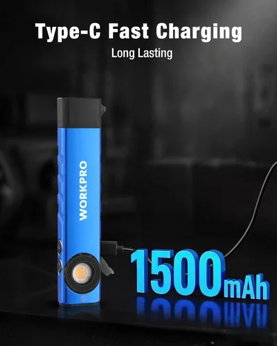 Miniatura 4 de WORKPRO linterna recargable de trabajo, linterna de bolsillo plana de 600 lúmenes con luz UV, base magnética y clip, linterna LED EDC delgada
