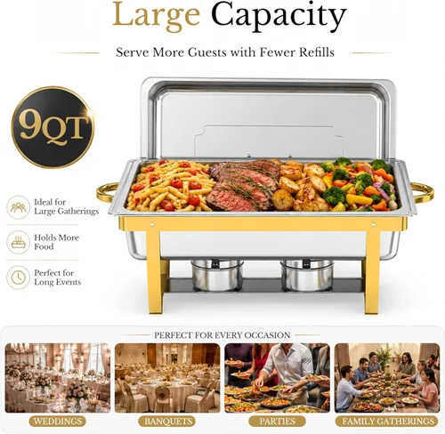 Miniatura 3 de Frizoky Platos rectangulares para bufé, 4 unidades, calentadores de alimentos de acero inoxidable dorado y plateado de 9 cuartos con tapas y 4