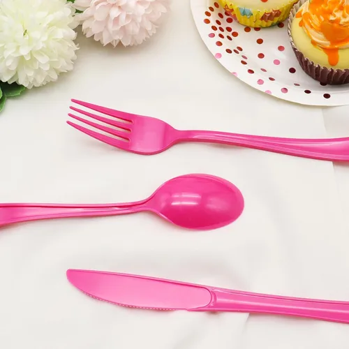 Miniatura 5 de 150 piezas de cubiertos de plástico rosa intenso y utensilios de plástico rosa intenso resistentes - 50 tenedores, 50 cuchillos, 50 cucharas