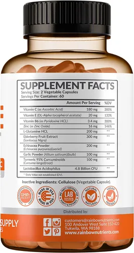 Miniatura 4 de Suplemento de apoyo inmunológico 10 en 1 (sin rellenos) Vitamina C, zinc, saúco, equinácea, cúrcuma, probióticos Refuerzo de inmunidad
