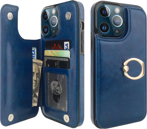 Miniatura 28 de ONETOP Funda tipo cartera para iPhone 13 Pro Max con soporte para tarjetas, anillo de rotación de 360°, función atril, bloqueo RFID, piel sintética