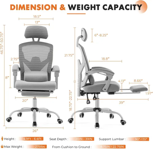 Miniatura 2 de Silla de oficina para computadora Sweetcrispy con reposapiés, sillas giratorias ergonómicas de malla con respaldo alto y ruedas, soporte lumbar Gris