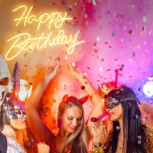 Miniatura 6 de Letrero de neón de feliz cumpleaños para decoración de pared, letrero de luz LED de neón con interruptor regulable, cartel iluminado de feliz