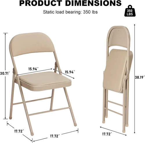 Miniatura 3 de Paquete de 12 sillas plegables color caqui con cojín acolchado para exteriores, sillas plegables de metal comerciales apilables portátiles con marco