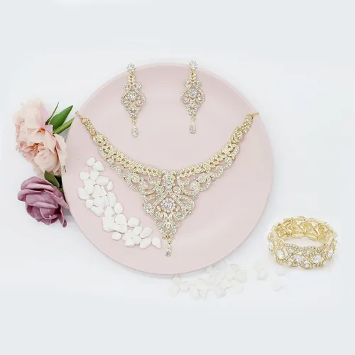 Miniatura 4 de Gold Prom Jewelry Wedding Jewelry Set Bridal Necklace Rhinestone Earrings Bracelets