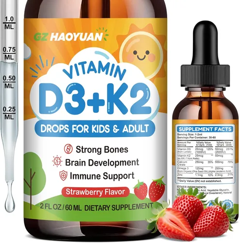 Miniatura 9 de Gotas de vitamina D3 K2 para niños, suplemento líquido con calcio, Omega 3, zinc, vitamina D3 K2 para absorción de calcio huesos saludables
