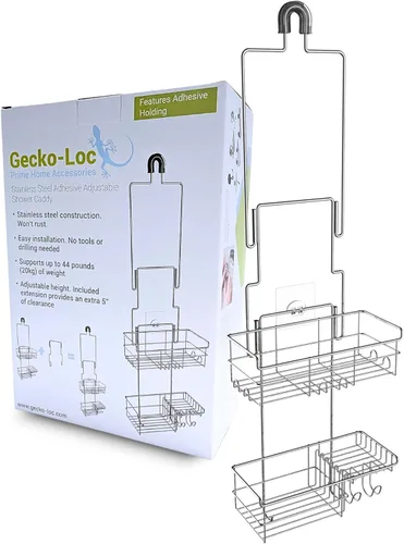Gecko-Loc Organizador de ducha extra largo ajustable sobre el cabezal de ducha - Organizador de acero inoxidable con estabilizador de succión, cesta