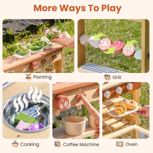 Miniatura 5 de ROBOTIME Kids Mud Kitchen, Wooden Mud Kitchen for Kids Outdoor with Real Water Play Sink, BBQ Grill, Coffee Maker & Planting Station, Large Storage