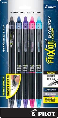 PILOT FriXion Synergy Clicker - Bolígrafos de tinta de gel borrables, recargables, retráctiles, punta extra fina de 0.5 mm, paquete de 5, colores
