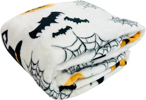 Miniatura 9 de Manta de forro polar de Halloween: telaraña, sombrero de bruja, murciélagos negros, calabazas naranjas, franela suave y cálida para cama, sofá
