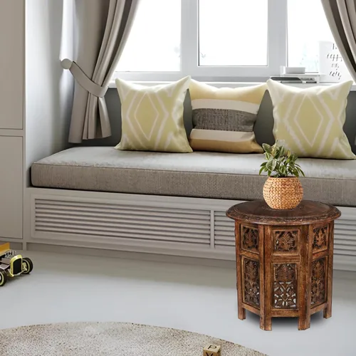 Miniatura 8 de Goroly Home Mesa auxiliar de madera, mesa auxiliar tradicional tallada a mano octogonal, espacios pequeños, entrada, granja, sala de estar, mesa