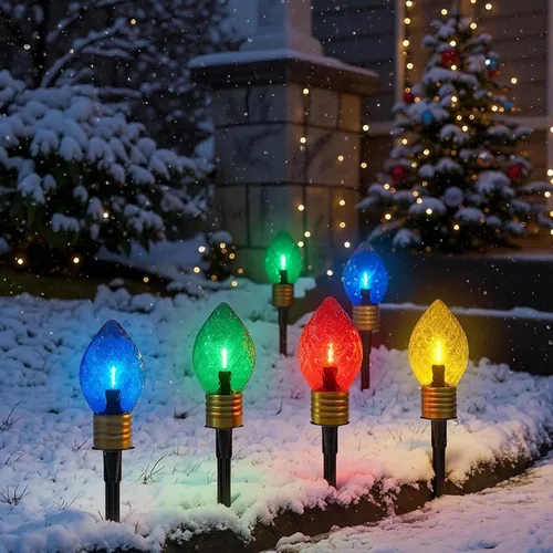 Luces de camino de Navidad Jumbo C9 para exteriores, luces de Navidad jumbo de 7 pies con estacas de marcador de camino y 4 bombillas LED con patrón