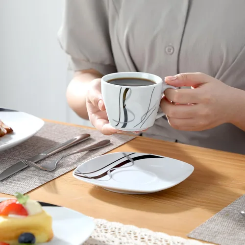 Miniatura 4 de VEWEET, Serie Fiona - Juego de vajilla de 30 piezas para 6 personas, blancos con rayas negras y grises, vajilla de porcelana de platos de postre