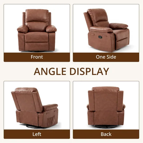 Miniatura 7 de Silla reclinable giratoria de cuero de 360° para adultos, sillón reclinable manual con cojín de resorte, sofá individual con bolsillos laterales