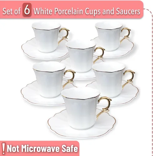 Miniatura 2 de Brew To A Tea Juego de 6 tazas de café turco de porcelana con platillos, color blanco con diseño de ribete dorado y caja de regalo, aptas