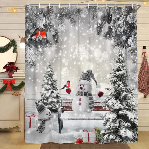 Miniatura 3 de JAWO Cortina de ducha de muñeco de nieve de Navidad para decoración de baño, cortina de baño de tela con ganchos, 36 x 70 pulgadas