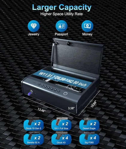 Miniatura 6 de PINEWORLD - Caja fuerte para armas, cajas fuertes biométricas para pistolas de mano, caja fuerte para pistolas con huella digital o teclado, 4
