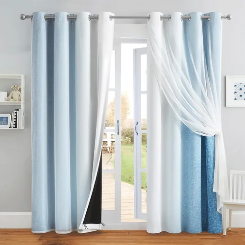 Miniatura 30 de Cortinas 100% opacas con superposición de gasa Mix and Match de doble capa, 54 pulgadas de largo, 2 paneles para dormitorio y sala de estar, azul
