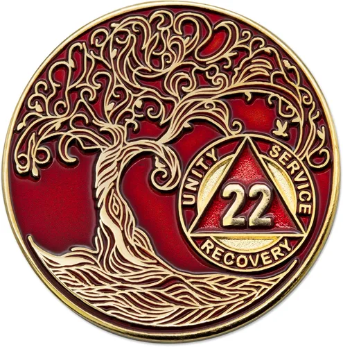 Miniatura 20 de 20 Year Sobriety Mint Twisted Tree of Life - Medallón de recuperación AA chapado en oro, fichas y fichas, color negro