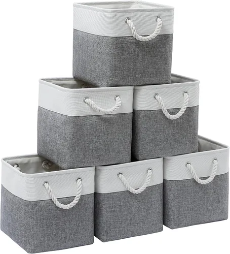 Miniatura 10 de Cubos de almacenamiento de 11 x 11 pulgadas, paquete de 6 cubos de almacenamiento plegables grandes de tela con cuerdas, cubos de almacenamiento