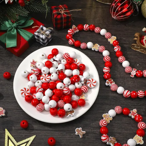 Miniatura 4 de Misdary 200 piezas de cuentas navideñas para manualidades, cuentas navideñas de madera, rojas y blancas, caramelo de menta, jengibre para joyería