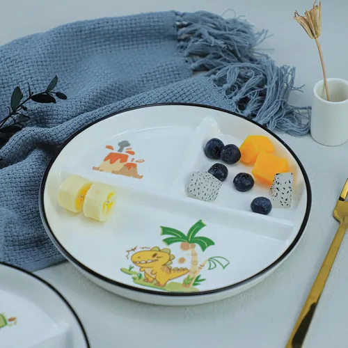 Miniatura 3 de 1 PIEZA Plato de Cerámica con Dinosaurio para Control de Porciones, Plato Dividido para Alimentación Racional, Plato Dividido para Postre, Plato
