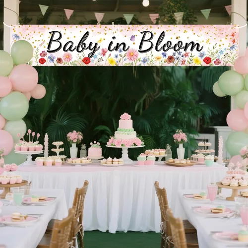 Miniatura 4 de Baby in Bloom - Cartel de baby shower, diseño floral de acuarela rosa coral, decoraciones de primavera para baby shower, grande de 70.8 x 13