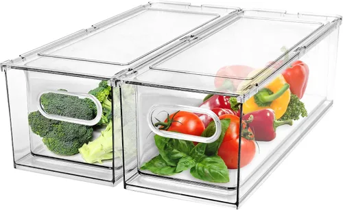 Miniatura 10 de Paquete de 4 contenedores organizadores de refrigerador con cajón extraíble, apilables, transparentes, organizadores de cajones de refrigerador