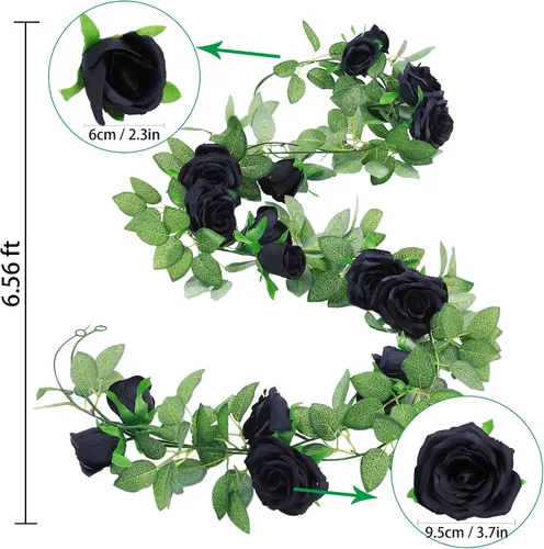Miniatura 3 de Felice Arts Paquete de 2 guirnaldas de flores artificiales negras cada una de 6.5 pies, guirnalda de rosas colgantes para bodas, arreglos de mesa