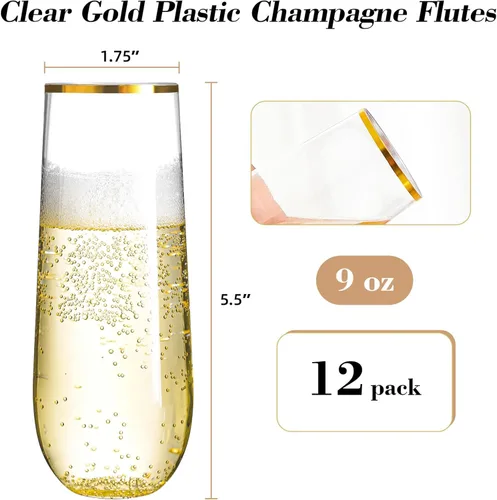 Miniatura 2 de N9R Copas de champán de plástico, 12 vasos desechables sin tallo de 9 onzas, vasos de tostado con borde dorado, vasos de cóctel transparentes