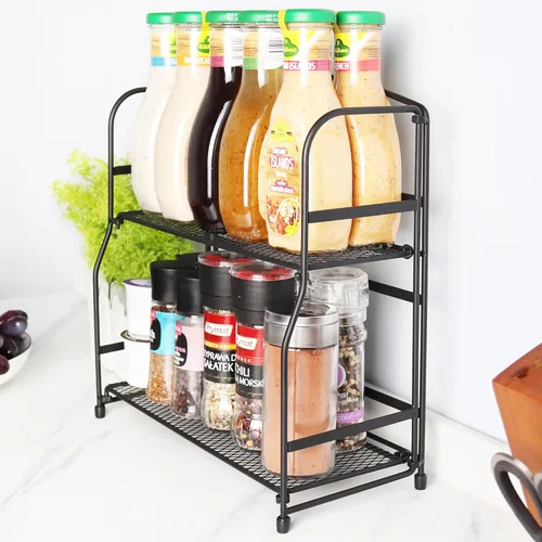 Miniatura 4 de Estante para especias de 2 niveles, soporte para botellas de condimentos, metal negro, antideslizante, plegable, para cocina, baño, encimera