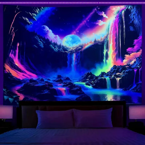 Miniatura 8 de OSVINO Tapiz de mandala trippy de luz negra, 59 x 51 pulgadas, tapiz de fantasía reactiva a los rayos UV, decoración de pared para sala de estar